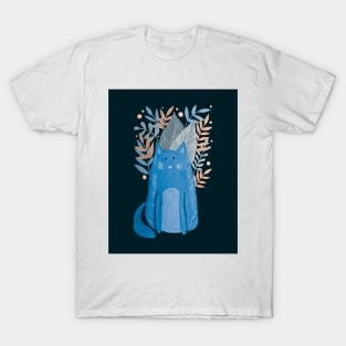 Cat and foliage - pastel autumn with dark background T-Shirt